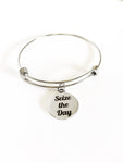 Seize The Day Stacking Expanding Bangle Charm Bracelet, Motivational Jewelry Gift, Encouragement Gift, Girlfriend Gift For Her, Motivating