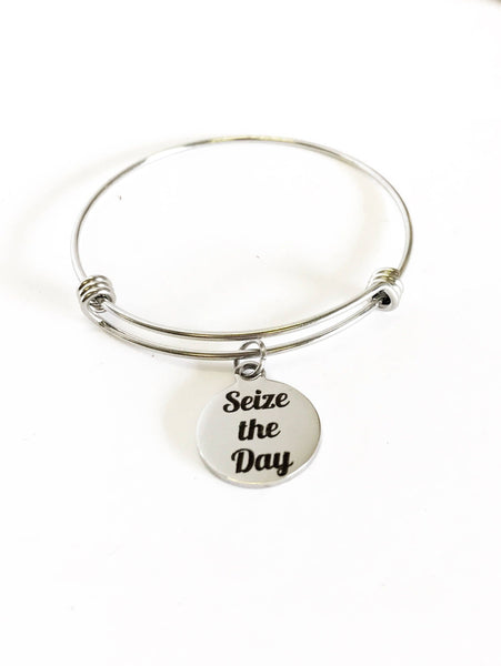 Seize The Day Stacking Expanding Bangle Charm Bracelet, Motivational Jewelry Gift, Encouragement Gift, Girlfriend Gift For Her, Motivating