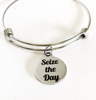 Seize The Day Stacking Expanding Bangle Charm Bracelet, Motivational Jewelry Gift, Encouragement Gift, Girlfriend Gift For Her, Motivating