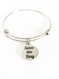 Seize The Day Stacking Expanding Bangle Charm Bracelet, Motivational Jewelry Gift, Encouragement Gift, Girlfriend Gift For Her, Motivating