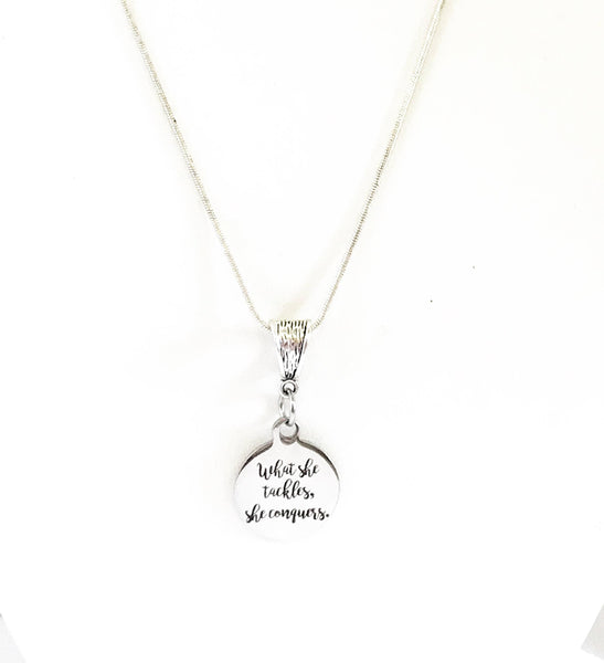 What She Tackles She Conquers Pendant Silver Necklace, Achievement Award Necklace, DS Team Gifts, Motivational Direct Sales Gift For Her