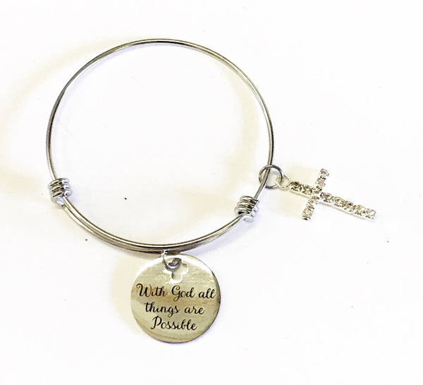 With God All Things Are Possible Cross Charm Expanding Bangle Bracelet, Girlfriend Gift for Her, Scripture Gift For Mom, Bible Verse Jewelry