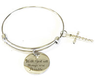 With God All Things Are Possible Cross Charm Expanding Bangle Bracelet, Girlfriend Gift for Her, Scripture Gift For Mom, Bible Verse Jewelry