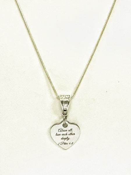 Christian Jewelry Gifts, Scripture Jewelry, Bible Verse Jewelry, Above All Love Each Other Deeply Silver Necklace, 1 Peter 4:8 Scripture