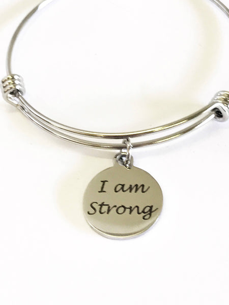 I Am Strong Expanding Bangle Charm Bracelet, Strong Woman Jewelry Gift for Her, Exercise Jewelry, Pamper Yourself, Motivational Jewelry