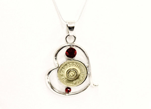 Shotgun Shell Jewelry, Red Stone Silver Heart Shotgun Shell Necklace, Shooting Sports Gift For Her, Girlfriend Gift, Southwestern Style Gift