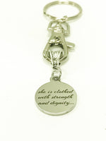She Is Clothed With Strength And Dignity Keychain, New Car Gift For Daughter, Scripture Keychain, Proverbs 31:25 Bible Verse Keychain Gift