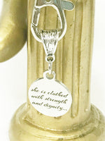 She Is Clothed With Strength And Dignity Keychain, New Car Gift For Daughter, Scripture Keychain, Proverbs 31:25 Bible Verse Keychain Gift