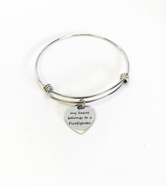 My Heart Belongs To A Firefighter Expanding Bangle Charm Bracelet, Stacking Bracelet, Stackable Bangle Gift For Her, Firefighter Wife Gift