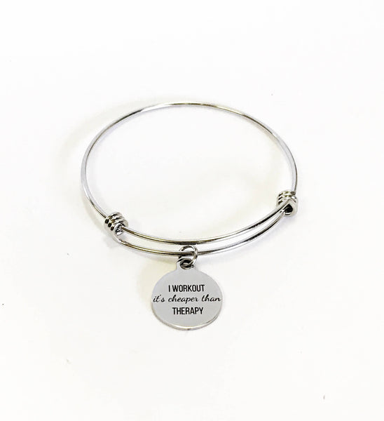 I Workout It's Cheaper Than Therapy Expanding Bangle Charm Bracelet, Stacking Exercise Jewelry, Exercise Partner Gift Love to Exercise