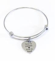 Scripture Jewelry Gift, Love Is Patient Love Is Kind Bracelet, Stacking Bangle, Expanding Charm Bracelet, First Cor 13 Bible Verse Jewelry