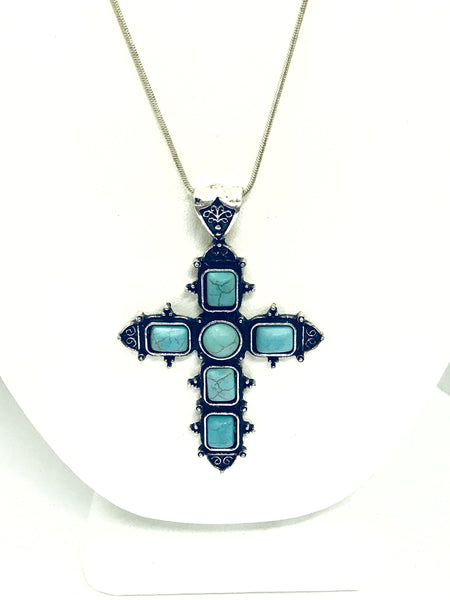 Southwestern Style Cross Necklace, Silvertone Turquoise Cross Pendant, Christian Cowgirl Statement Necklace, Chunky Cross, Gift For Her