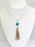 Leather Tassel Necklace, Brown and Turquoise Tassel Necklace, Gold Necklace, Southwestern Style Jewelry, Boho Style Jewelry, Tassel Charm