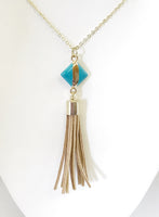 Leather Tassel Necklace, Brown and Turquoise Tassel Necklace, Gold Necklace, Southwestern Style Jewelry, Boho Style Jewelry, Tassel Charm