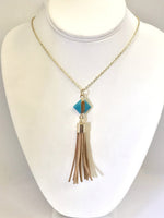 Leather Tassel Necklace, Brown and Turquoise Tassel Necklace, Gold Necklace, Southwestern Style Jewelry, Boho Style Jewelry, Tassel Charm