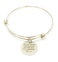 He Who Started a Good Work In You Will Carry It To Completion Expanding Bangle Charm Bracelet, Phil 1:6 Scripture Jewelry, Bible Verse Gift