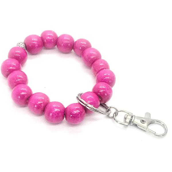 Beaded Keychain Bracelet, Wood Bead Keychain Bracelet, Beaded Bracelet, Hot Pink Beaded Keychain, Teacher Gifts, Keychain Gift