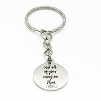 Christian Keychain, Cast All Of Your Cares On Him Keychain, 1 Peter 5 7 Keychain, Christian Sympathy Gift, Bible Verse Gift, Scripture Gift
