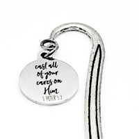 Christian Bookmark, Cast All Of Your Cares On Him Bookmark, Christian Gift, Christian Charm, Religious Bookmark, 1 Peter 5 7 Scripture Gift