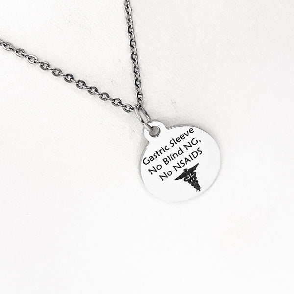 Gastric Sleeve No Blind NG No NSAIDS Necklace, Medical ID, Medical Condition Medical Notification, Medical Condition Necklace