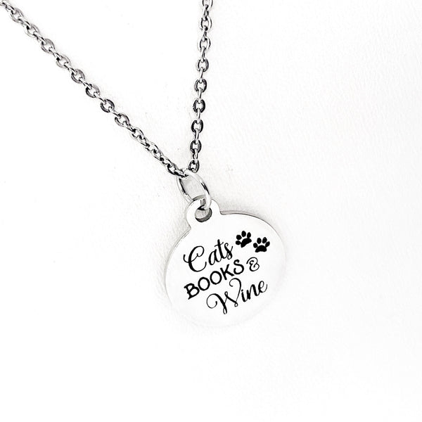 Cat Owner Gift, Cats Books Wine Necklace, Book Lover Gift, Reader Gift, Wine Lover Gift, My Favorite Things Gift