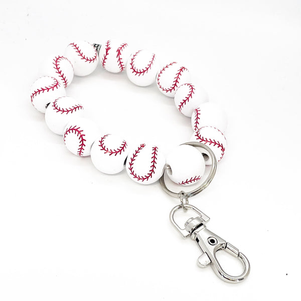 Beaded Baseball Keychain Bracelet, Wood Bead Keychain Bracelet, Beaded Bracelet, Baseball Beaded Keychain, Baseball Mom Gifts