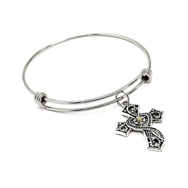 Cross Charm Bangle, Mustard Seed Cross Bracelet, Faith Jewelry, Matthew 17 20, Christian Jewelry Gift, Stacking Expanding Bangle