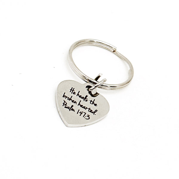 He Heals The Broken Hearted Heart Charm Keychain, Psalm 147 3, Scripture Gift, Faith Gift, Bible Verse Gift, Sympathy Gift, Loss Gift