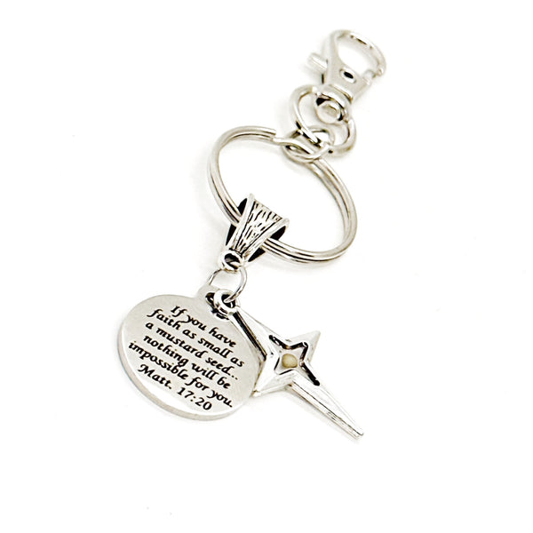 Mustard Seed Verse Star Cross Keychain, Faith Gift, Matthew 17 20, Christian Gifts, Baptism Gift, Sunday School Gifts, Bible Study Gifts