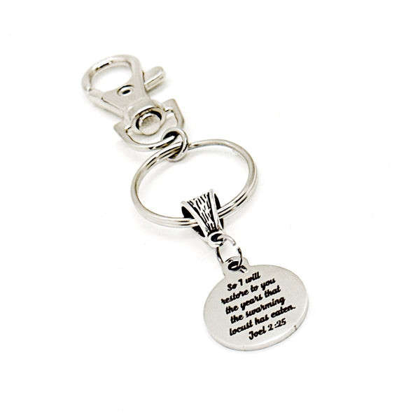 God Restores Charm Keychain, Joel 2 25, Faith Gift, Recovery Gift, Scripture Gift, Bible Verse Gift, Recovering Gift, Clip On Charm