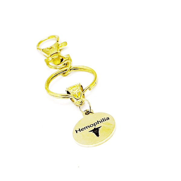 Hemophilia Blood Condition Medical Notice Charm Goldtone Keychain, Clip On Keychain, Medical Condition Awareness, Medicine Notice