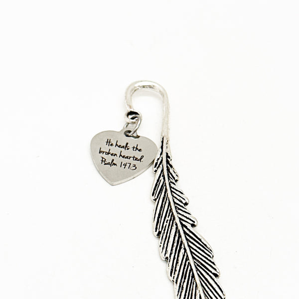 He Heals The Broken Hearted Charm Feather Stem Bookmark, Psalm 147 3, Faith Gift, Recovery Gift, Sympathy Gift, Loss Of Loved One, Scripture