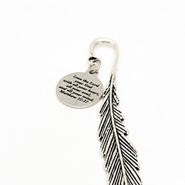 Love The Lord Your God With All Your Heart Matthew 22 37 Charm Feather Stem Bookmark, Faith Gift, Scripture Gifts, Baptism Gift, Graduation