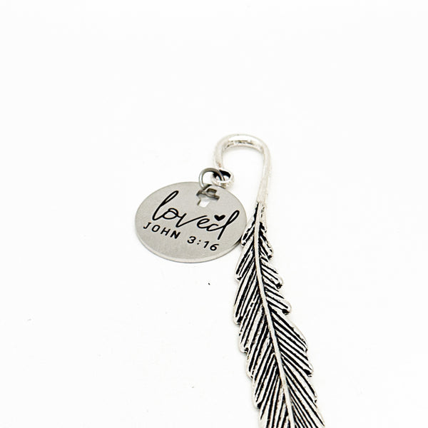 Loved John 3 16 Charm Feather Stem Bookmark, God So Loved The World, Faith Gifts, Bible Bookmark, Baptism Gift, Salvation Gift, Christian