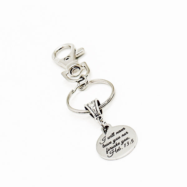 I Will Never Leave You Nor Forsake You Hebrews 13 5 Clip On Charm Keychain, Faith Gift, God Is With You, Christian Gift, Baptism Gift