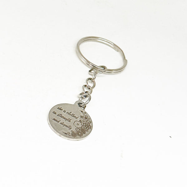 She Is Clothed In Strength And Dignity Charm Keychain, Proverbs 31 25, Woman Gift, Daughter, Wife, Granddaughter, Friend, Christian Woman