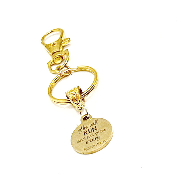 Isaiah 40 31 She Will Run And Not Grow Weary Goldtone Charm Keychain, Faith Gift For Her, Christian Woman, Runner, Wife, Entrepreneur