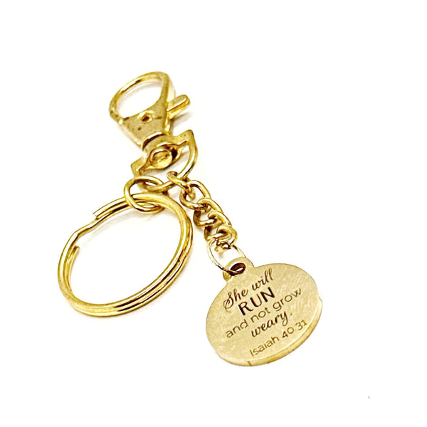 She Will Run And Not Grow Weary Clip On Goldtone Charm Keychain, Isaiah 40 31, Scripture Gifts, Faith Gift, Christian Woman, Busy Mom, Wife