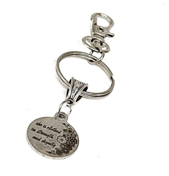 She Is Clothed With Strength And Dignity Clip On Charm Keychain, Proverbs 31 25, Christian Woman, Wife Gift, Daughter, Bible Study Gift
